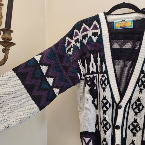 Vtg 90s Code Zero V-Neck Cardigan Sweater Knit Geometric Nordic Grandpacore Sz L - Picture 2 of 12